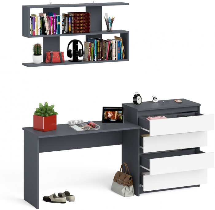Мори Стол письменный МСП1200.1 + Комод МК800.4 + Полка 1200, цвет графит/белый, ШхГхВ 200,8х50х209,6 см., универсальная сборка