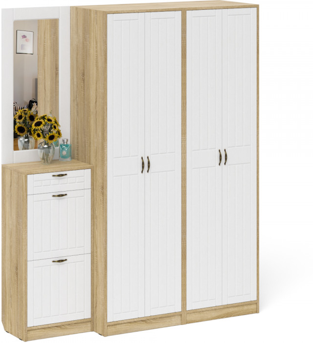 Прихожая П-6 Компоновка № 14, цвет дуб сонома/фасады МДФ белое дерево фрезеровка прованс, ШхГхВ 170х50х210 см., универсальная сборка