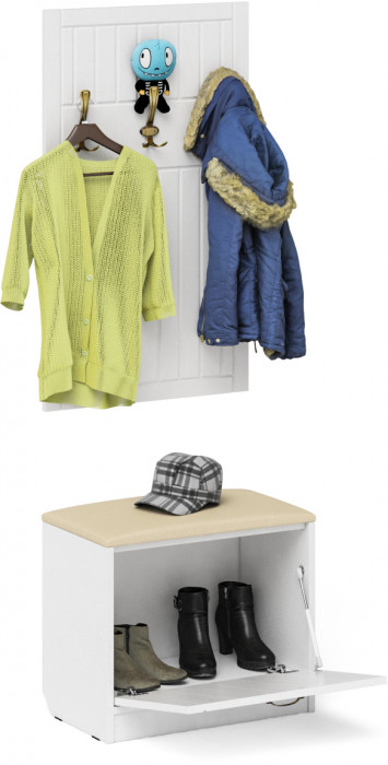 Прихожая П-6 Тумба + Вешалка, цвет белая шагрень/фасады МДФ белое дерево фрезеровка прованс, ШхГхВ 60х35х200 см.