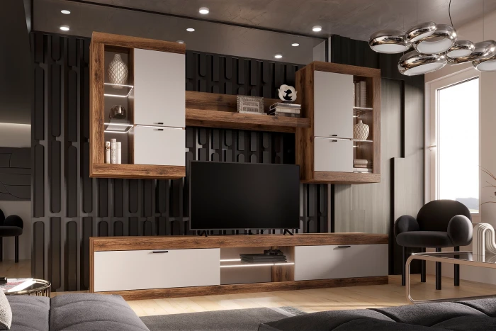 Прага Модульная Гостиная, вариант №3, Дуб Делано/Белый глянец