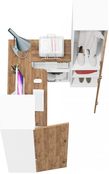 Лидер-8 Пенал МД 22Б + Стол + Пенал 21Б, цвет белый шагрень/крафт золото, ШхГхВ 245х50/37,5х75/190 или 155х120/50х75/190 см., НЕ универсальная сборка