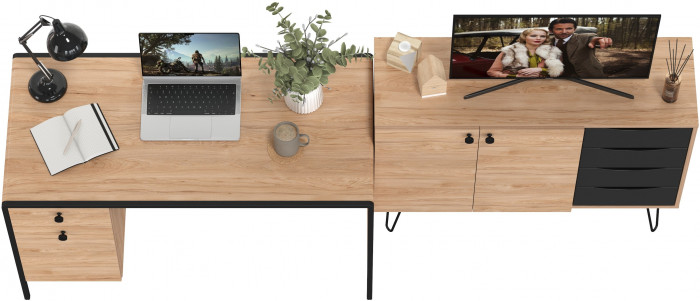 Брюс Стол письменный 12.157 + Комод 16.233, цвет чёрный/Battle rock Santiago/столешница МДФ ель карпатская, 243,4х62,6(38,3)х75(85,6) см., ун. сб.