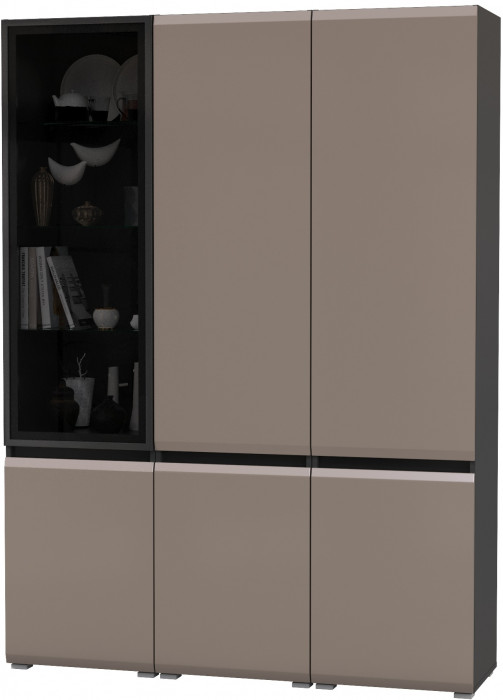 Сидней 13.200 Шкаф 2 штуки + Шкаф-витрина 13.201, цвет корпус: антрацит/фасады: МДФ веллюто капучино/стекло, ШхГхВ 150х41,3х205,2 см., универс. сб.