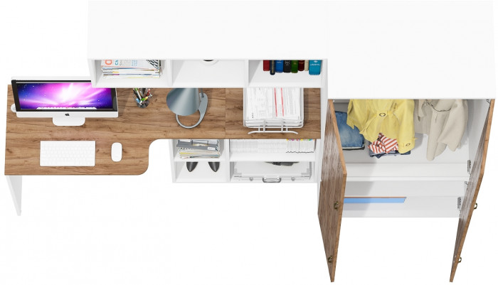 Лидер-8 Стол + Полка + Шкаф МД 19Б, белый шагрень/крафт золото