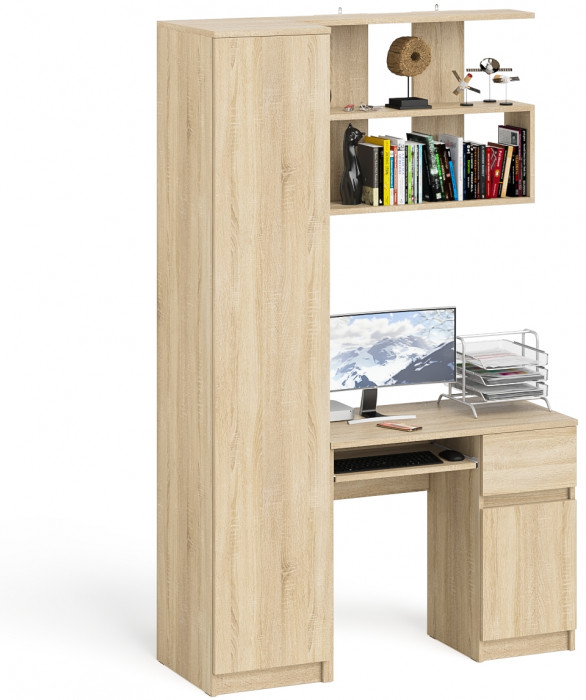 Мори Стол компьютерный МС-1 правый + Пенал МШ400.1 + Полка 900, цвет дуб сонома, ШхГхВ 130,4х50,4х209,6 см., НЕ универсальная сборка