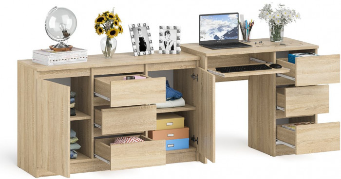 Мори Стол компьютерный МС-6 правый + Комод МК1200.3, цвет дуб сонома, ШхГхВ 210,4х50х76,6 см., выдвижные ящики справа, НЕ универсальная сборка