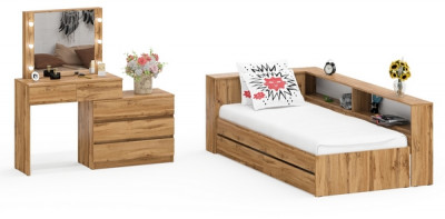 Ксения Кровать с ящиками 0900 + прикроватный блок + Столик с подсветкой 110, дуб вотан