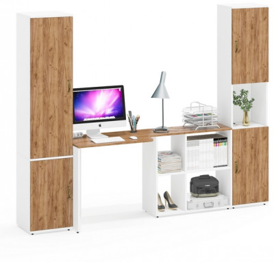 Лидер-8 Пенал МД 22Б + Стол + Пенал, цвет белый шагрень/крафт золото, ШхГхВ 245х50/37,5х75/190 или 155х120/50х75/190 см., НЕ универсальная сборка