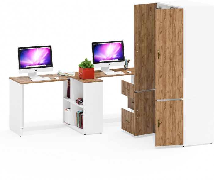 Лидер-8 Стол + Стол + Шкаф МД 19Б + Тумба МД 3.16, цвет белый шагрень/крафт золото, ШхГхВ 450х50х75/190 или 230х200/50х75/190 см., НЕ ун. сб.