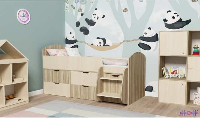 Кровать-чердак Малыш 7 (Белое дерево/Ясень Анкор темный)