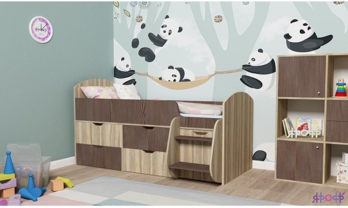 Кровать-чердак Малыш 7 (Белое дерево/Ясень Анкор темный)