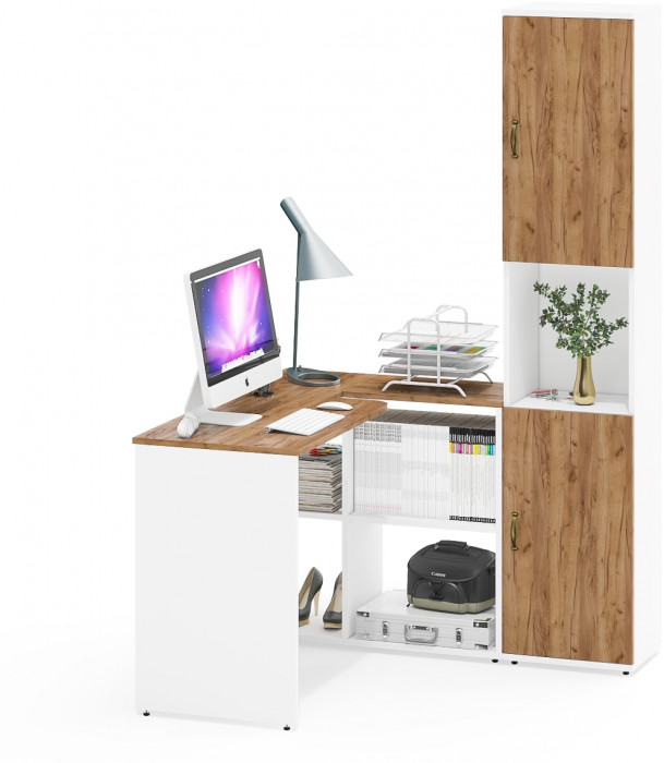 Лидер-8 Стол + Пенал, цвет белый шагрень/крафт золото, ШхГхВ 205х50/30х75/190 см. или 115х50/120х75/190 см., НЕ универсальная сборка