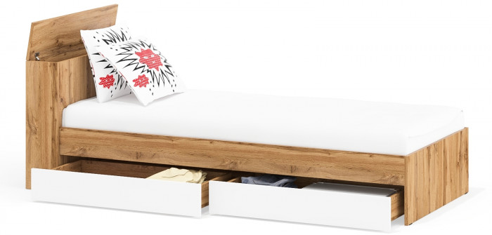 Ксения Кровать с ящиками 0900, цвет дуб вотан/белый, ШхГхВ 96,4х221,6х72 см., сп.м. 900х2000 мм., без матраса, основание есть, ун. сб.