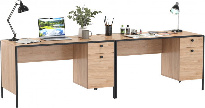 Брюс Стол письменный 12.157 + Стол письменный 12.157, цвет чёрный/Battle rock Santiago/столешница МДФ ель карпатская, ШхГхВ 260х62,6х75 см., ун. сб.