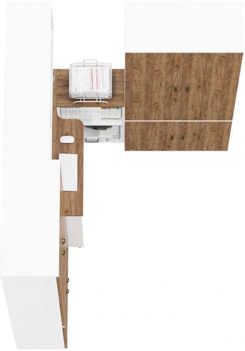 Лидер-8 Стол + Полка + Шкаф МД 20Б + Шкаф МД 20Б, белый шагрень/крафт золото