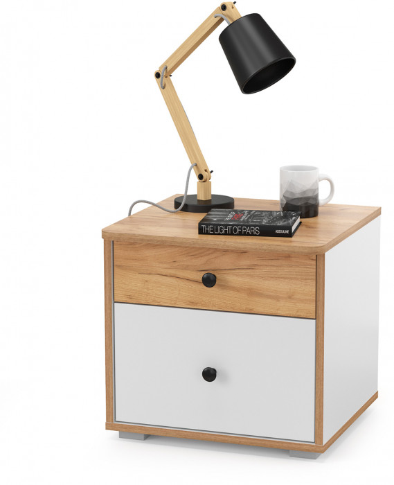 Вуди 13.287 Тумба прикроватная, цвет белый премиум/дуб крафт золотой, ШхГхВ 45х43,1х42,7 см.