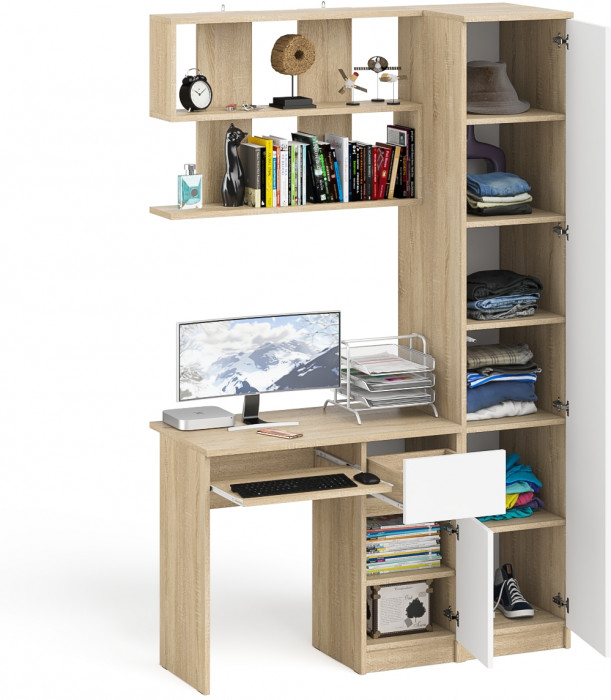 Мори Стол компьютерный МС-1 правый + Пенал МШ400.1 + Полка 900, цвет дуб сонома/белый, ШхГхВ 130,4х50,4х209,6 см., НЕ универсальная сборка