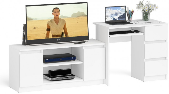 Мори компьютерный стол МС-6 правый + Тумба МТВ1200.1, белый