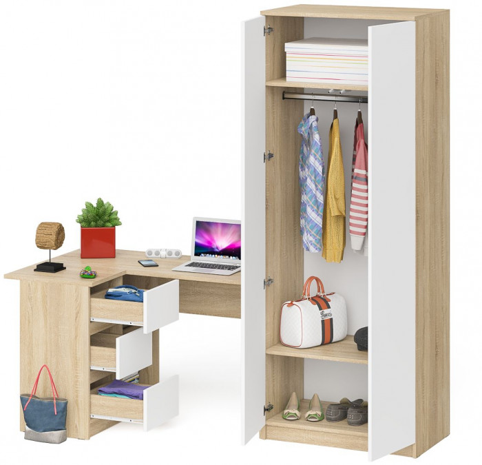 Мори Стол компьютерный МС-16 левый + Шкаф МШ800.1, цвет дуб сонома/белый, ШхГхВ 204,8х84,9х209,6 см., выдвижные ящики слева, НЕ универсальная сборка