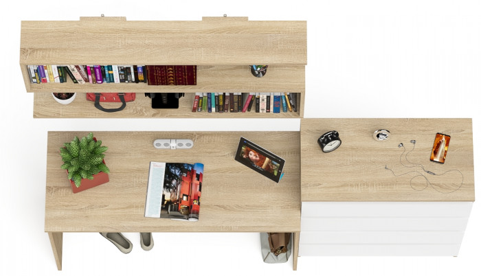 Мори Стол письменный МСП1200.1 + Комод МК800.4 + Полка 1200, цвет дуб сонома/белый, ШхГхВ 200,8х50х209,6 см., универсальная сборка