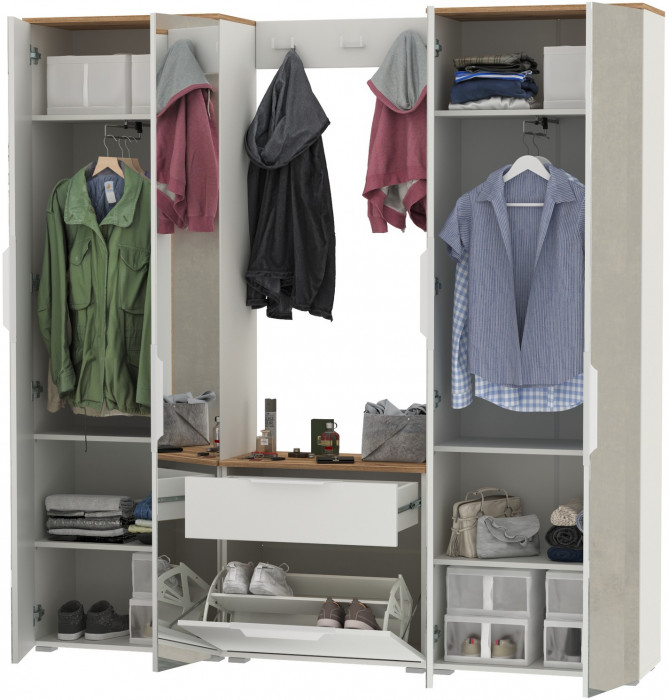 Октава Прихожая 26, цвет белый шагрень/дуб крафт золотой/фасады МДФ белый шагрень, ШхГхВ 193,7х35,4х197,6 см., универсальная сборка