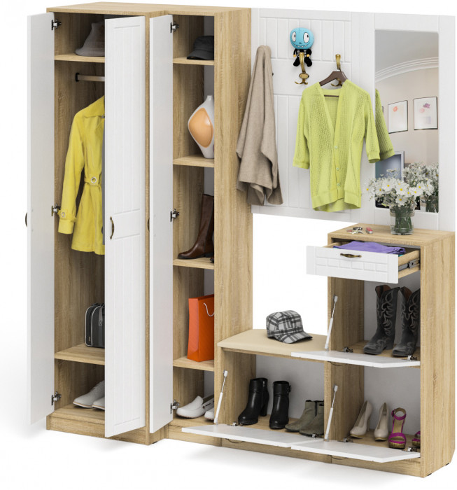 Прихожая П-6 Компоновка № 31, цвет дуб сонома/фасады МДФ белое дерево фрезеровка прованс, ШхГхВ 200х50х210 см., универсальная сборка