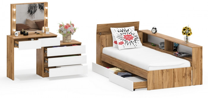 Ксения Кровать с ящиками 0900 + прикроватный блок + Столик с подсветкой 110, дуб вотан/белый