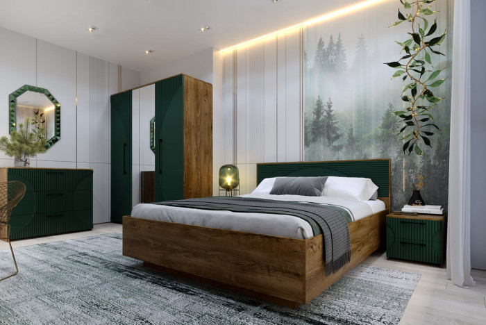 Кровать 140х200 с щитовым основанием "Монтале" - Дуб канзас/Зеленый матовый