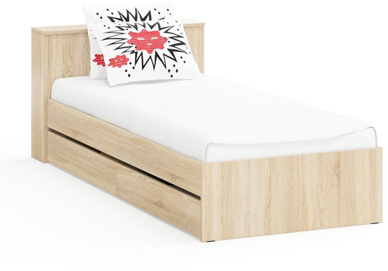 Ксения Кровать с ящиками 0900, цвет дуб сонома, ШхГхВ 96,4х221,6х72 см., сп.м. 900х2000 мм., без матраса, основание есть, универсальная сборка