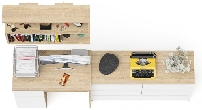 Мори компьютерный стол МС-1 левый + Комод МК1200.6 + Полка 900, дуб сонома/белый