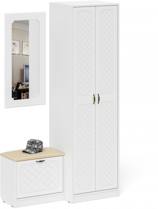 Прихожая П-6 Компоновка № 11, белая шагрень/фасады МДФ белое дерево фрезеровка ромб