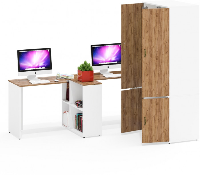 Лидер-8 Стол + Стол + Шкаф МД 19Б, цвет белый шагрень/крафт золото, ШхГхВ 410х50х75/190 или 230х160/50х75/190 см., НЕ универсальная сборка