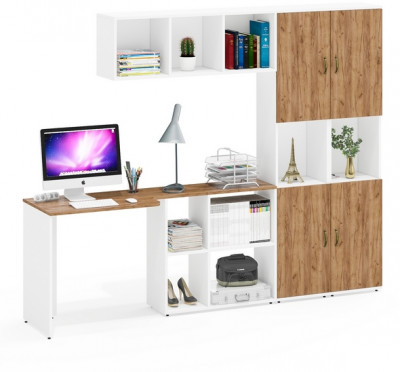 Лидер-8 Стол + Полка + Пенал + Пенал, цвет белый шагрень/крафт золото, ШхГхВ 245х50/30х75/190 или 160х115/30х75/190 см., НЕ универсальная сборка