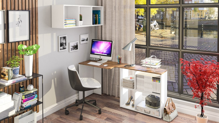 Лидер-8 Стол + Полка, белый шагрень/крафт золото