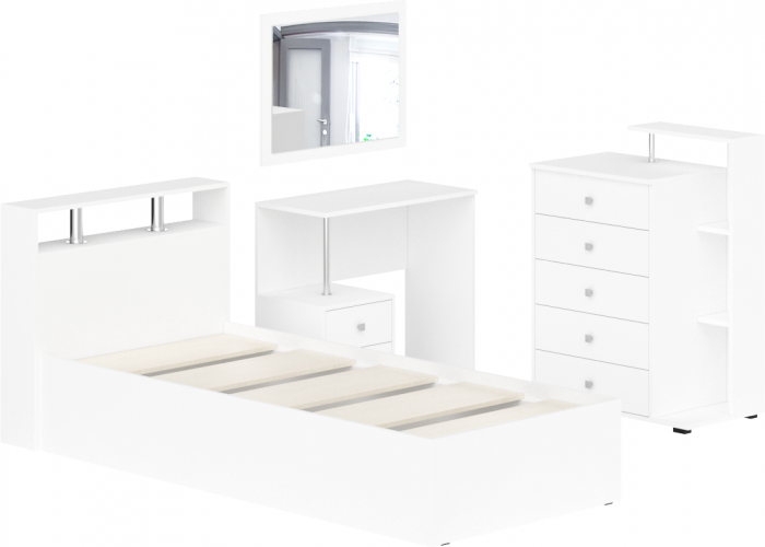 Камелия спальня № 7 Кровать 900 + Стол косметический + Зеркало + Комод, цвет белый, сп.м. 900х2000 мм., б/м, основание есть