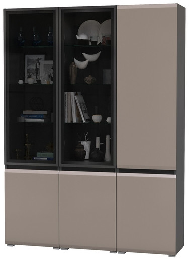 Сидней 13.201 Шкаф-витрина 2 штуки + Шкаф 13.200, корпус: антрацит/фасады: МДФ веллюто капучино/стекло