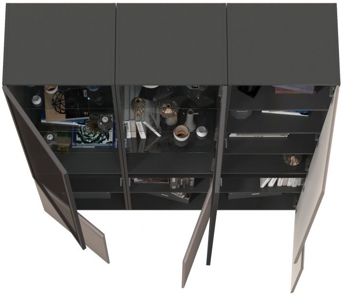 Сидней 13.201 Шкаф-витрина 2 штуки + Шкаф 13.200, корпус: антрацит/фасады: МДФ веллюто капучино/стекло