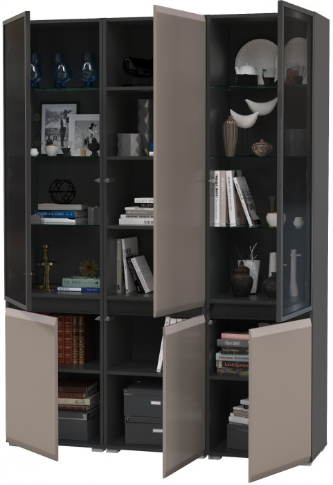 Сидней 13.201 Шкаф-витрина 2 штуки + Шкаф 13.200, корпус: антрацит/фасады: МДФ веллюто капучино/стекло