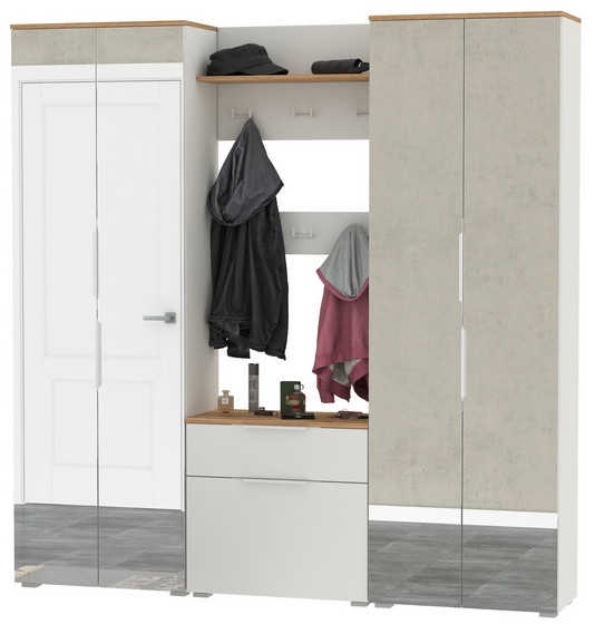 Октава Прихожая 27, цвет белый шагрень/дуб крафт золотой/фасады МДФ белый шагрень, ШхГхВ 193,7х35,4х197,6 см., универсальная сборка