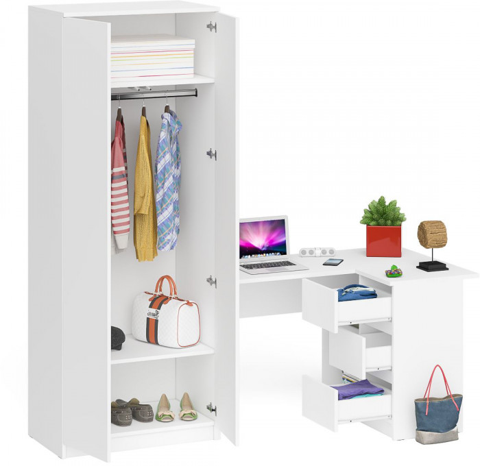 Мори компьютерный стол МС-16 правый + Шкаф МШ800.1, белый