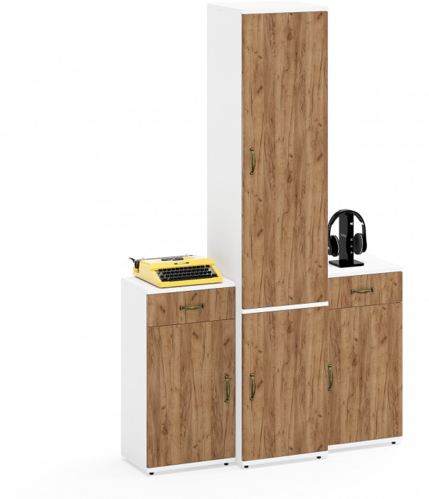 Лидер-8 Пенал МД 22Б + Тумба МД 3.15 + Тумба МД 3.15, цвет белый шагрень/крафт золото, ШхГхВ 120х37,5х190 см., универсальная сборка