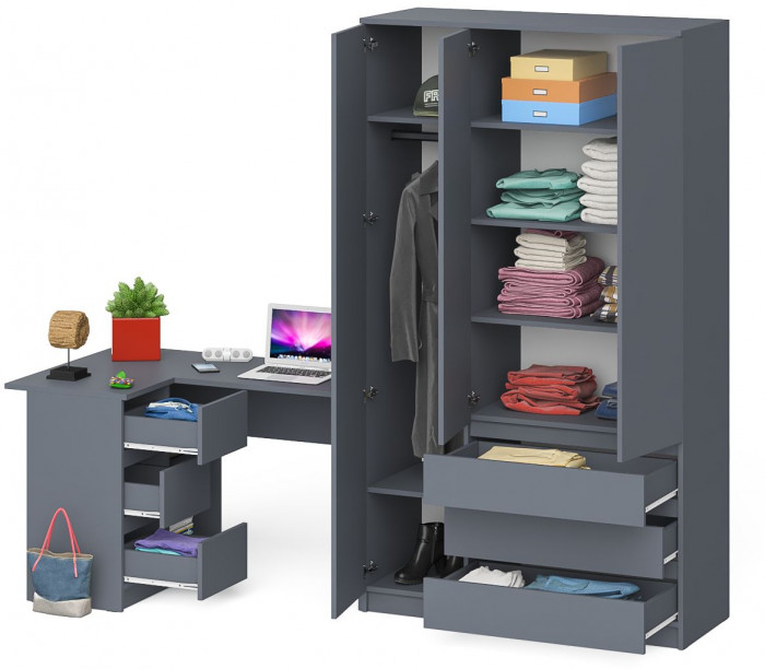 Мори Стол компьютерный МС-16 левый + Шкаф МШ1200.1, цвет графит, ШхГхВ 244,8х84,9х209,6 см., выдвижные ящики слева, НЕ универсальная сборка