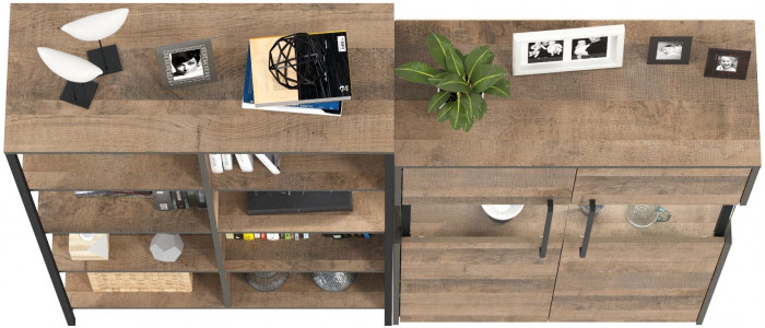 Трувор 13.151.02 Стеллаж + 13.306 Комод с витриной, цвет дуб гранж песочный/интра, ШхГхВ 175,8х37х146 см., универсальная сборка