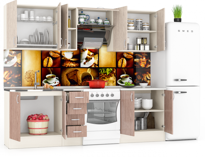 Кухня Мери 07 ШВ800+ШВ300+ШВв600+ШНМ800+ШН800+ШН4Я300+ШН800, цвет дуб/ясень шимо светлый/тёмный, ШхГхВ 250х30х67 см./190х60х85 см.