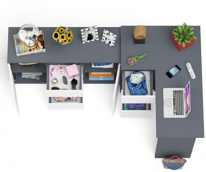 Мори Стол компьютерный МС-16 левый + Комод МК1200.3, цвет графит/белый, ШхГхВ 244,8х84,9х76,6 см., выдвижные ящики слева, НЕ универсальная сборка