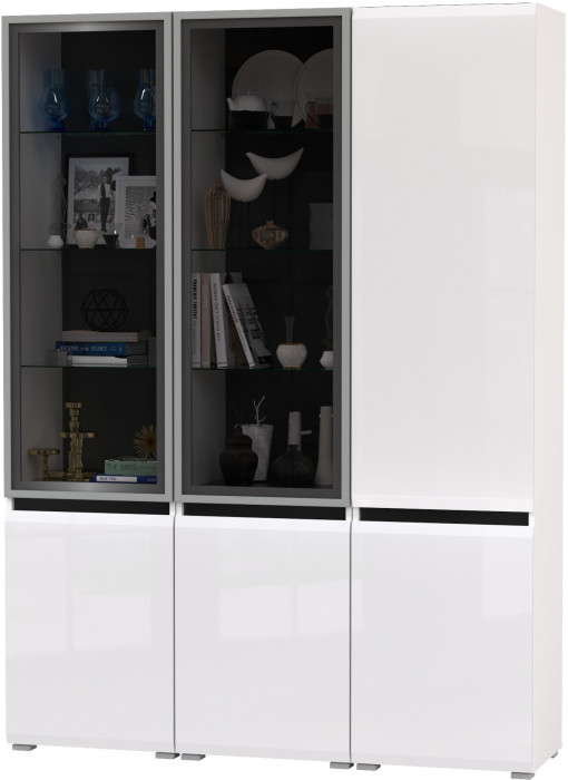Сидней 13.201 Шкаф-витрина 2 штуки + Шкаф 13.200, корпус: белый/чёрный/фасады: МДФ белый глянец/стекло