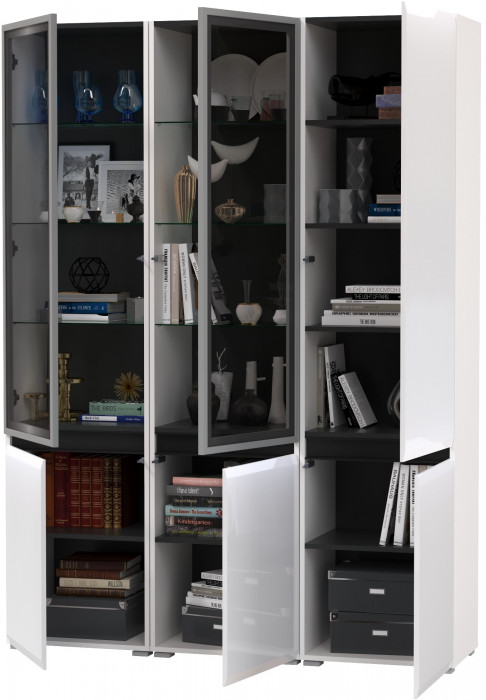 Сидней 13.201 Шкаф-витрина 2 штуки + Шкаф 13.200, корпус: белый/чёрный/фасады: МДФ белый глянец/стекло