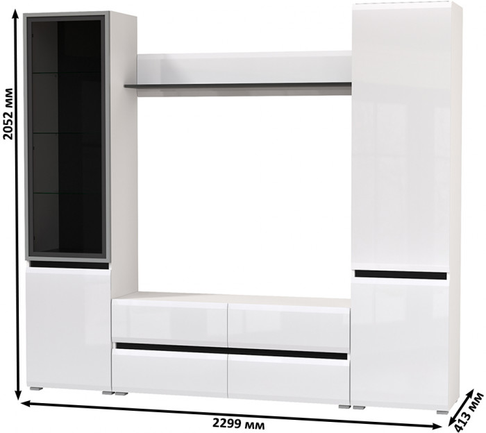 Сидней Комплектация № 050, корпус белый/чёрный/фасады МДФ белый глянец