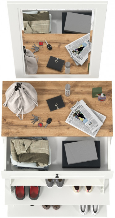 Остин 16.121 Тумба для обуви + 17.03 Зеркало, цвет белый шагрень/дуб крафт золотой, ШхГхВ 80х41,6х229 см.