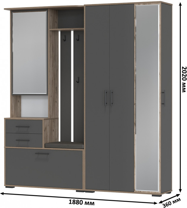 Прихожая Домино 5, цвет дуб крафт табачный/графит, ШхГхВ 188х36х202 см., универсальная сборка